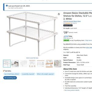 Amazon Basics Stackable Metal Kitchen Storage Shelves for Dishes, 12.5" L x 8" D